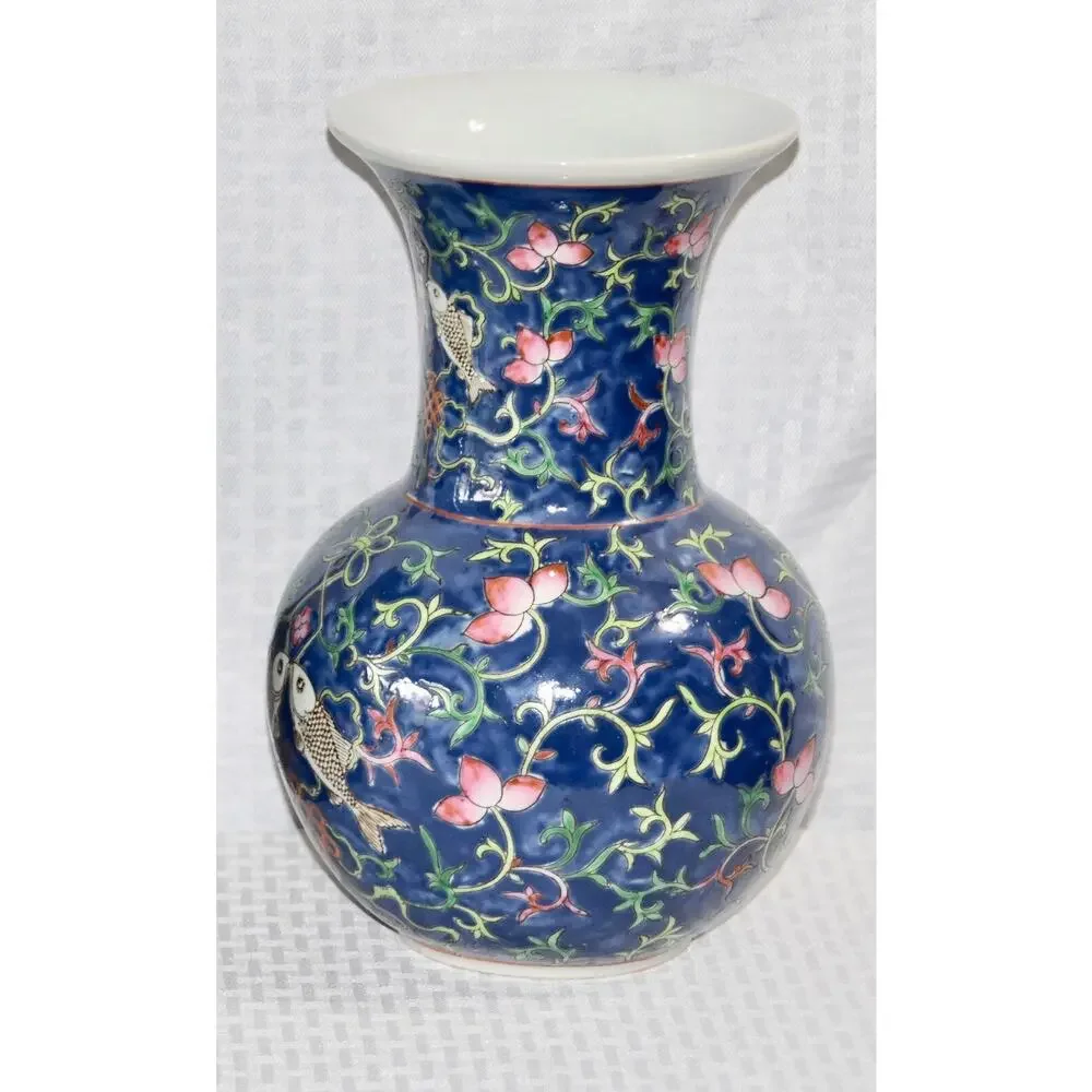 Japanese Enamelled Ceramic Hand Painted Peaches and Fish Trumpet Vase